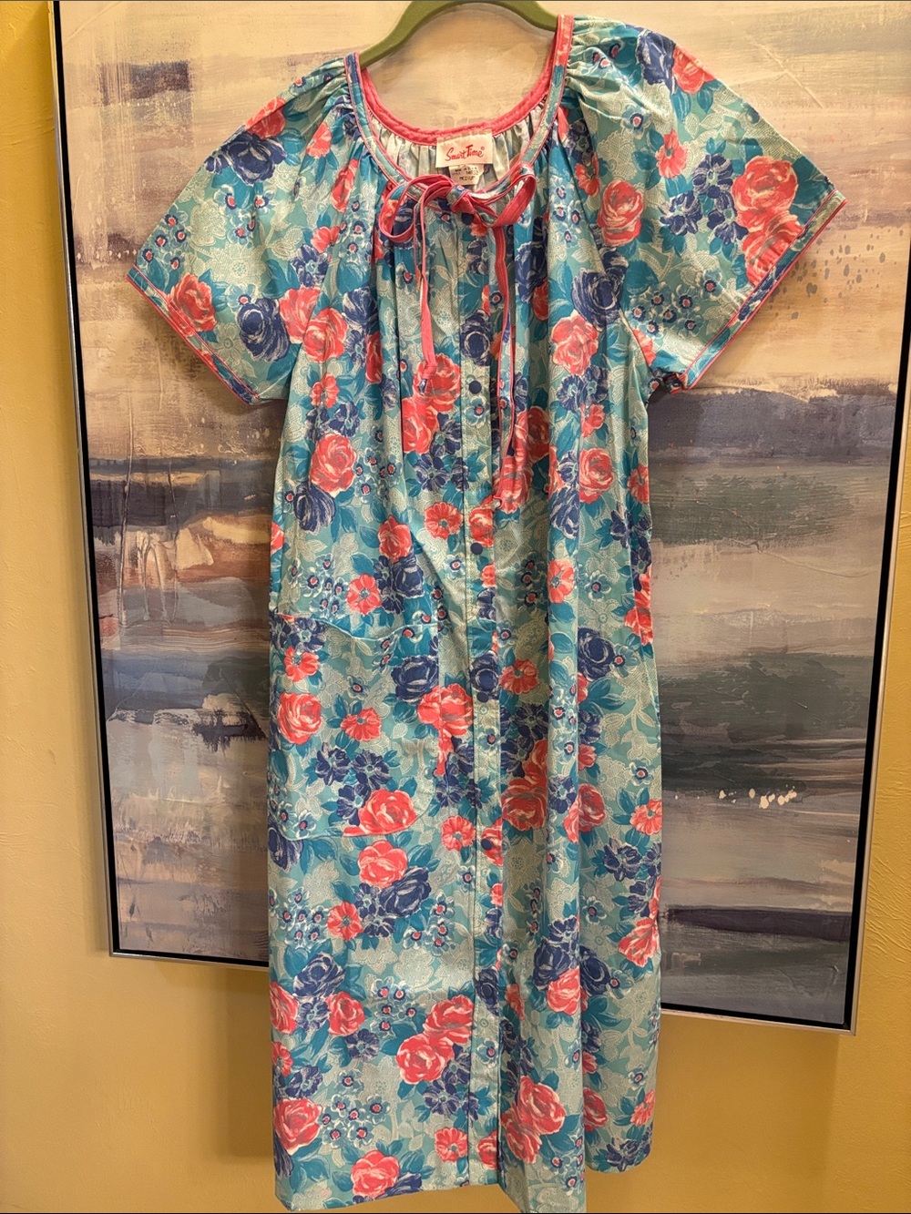 Floral Tie Nightgown/Housecoat in Aqua and Coral